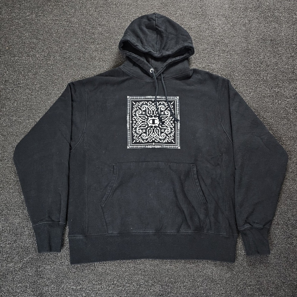 Vintage Champion Reverse Weave Hoodie Mens Large Black Bandana Paisley Pullover